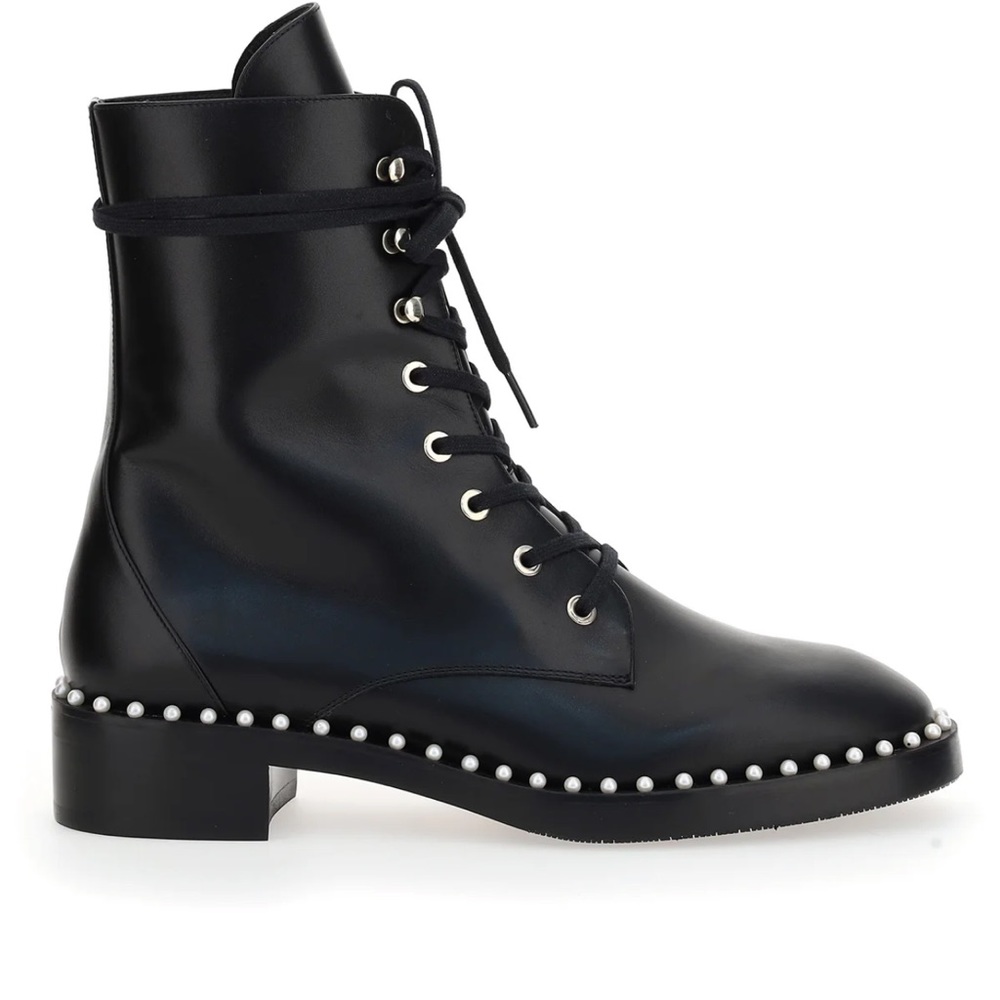 Stuart Weitzman black leather Pearl trim combat boots. Size 8.5